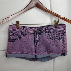 Women’s Liberated x Volcom Denim Purple Acid Wash ‘Sound Check’ Studded Shorts 3